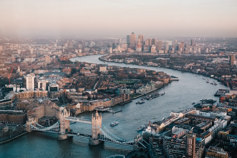 Aerial view of central London along the River Thames