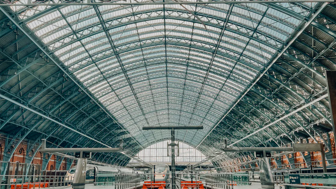 The glass train-shed roof of St Pancras International